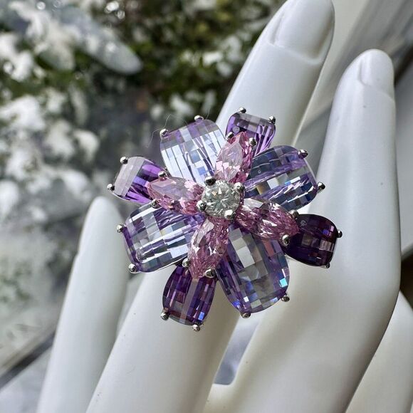 Statement Flower Ring Size 5 Purple Pink Gemstones Chunky Sterling Silver‎ 16+g - Picture 1 of 12